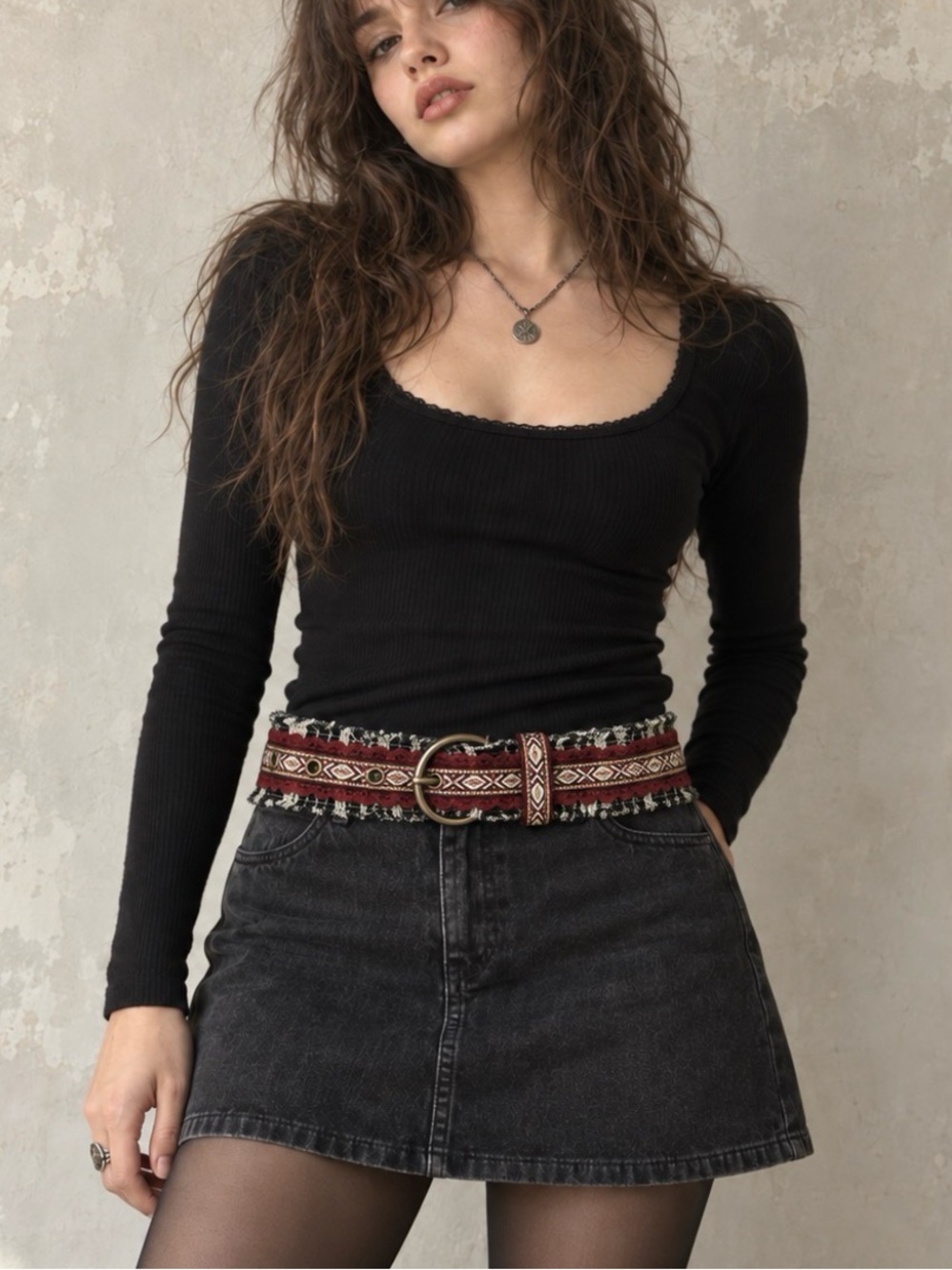 90s Aztec tribal print woven cloth fringe belt Bohemian Boho